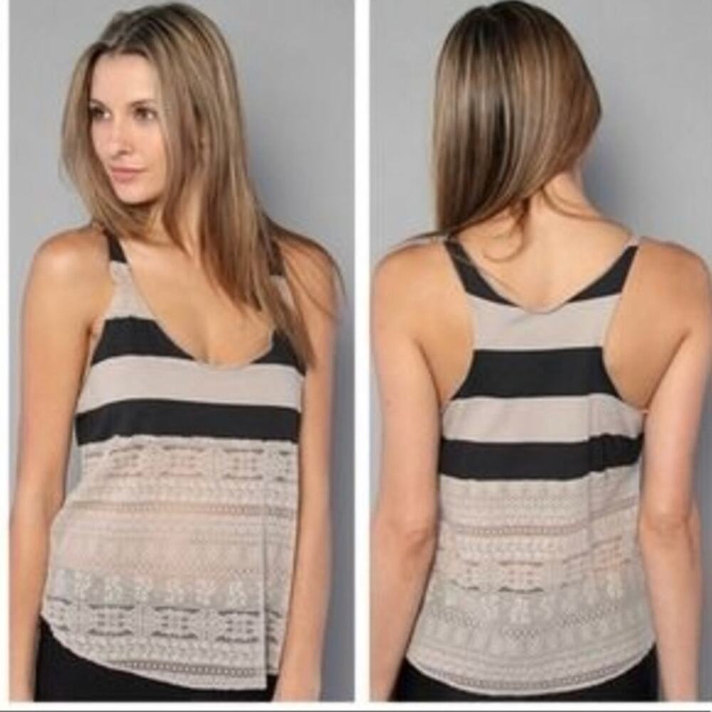 We The Free Free People Womens XS Striped Lace Racerback Tank Top Beige Black